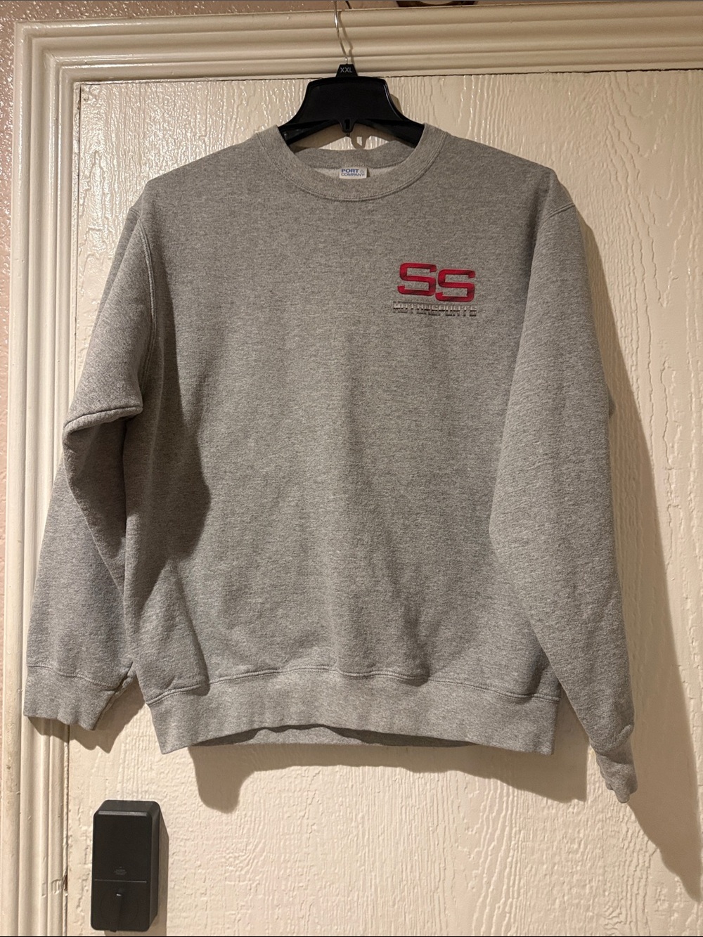 Port and Company Heather Gray Crewneck Sweatshirt with Red SS Embroidery